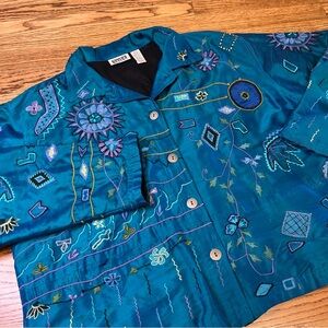 VTG Chico's Silk Blend Jacket Boho Artsy Mixed Media Blue Floral  XL (3) granny